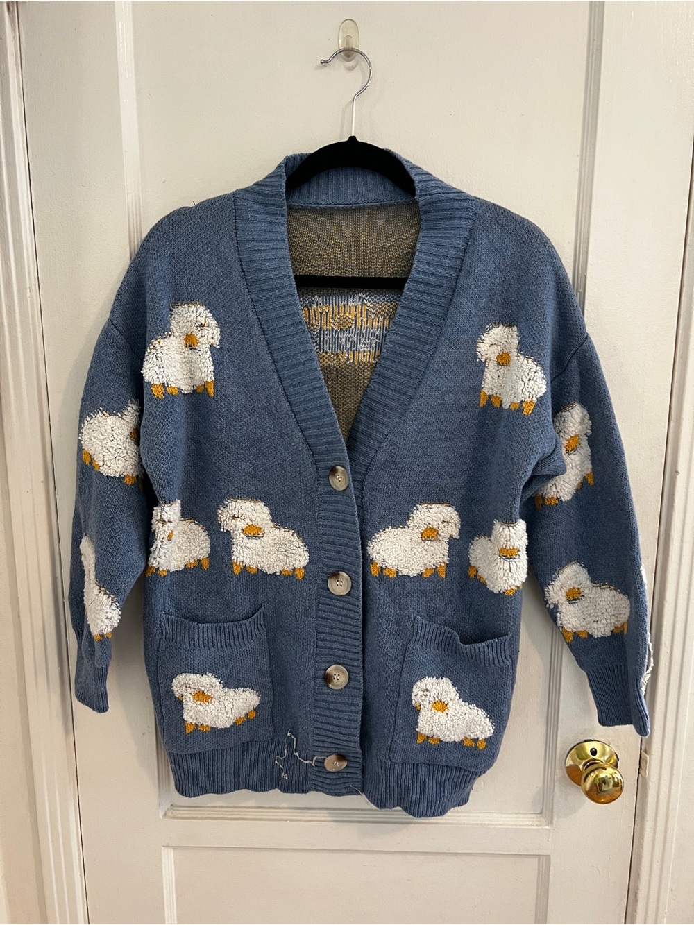 SHEIN Blue Cardigan Sweater with White Sheep Motif